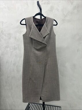 Akris Taupe Sleeveless Midi Sheath Dress with Draped Collar